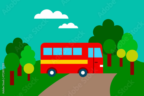 Bright red cartoon bus driving on a winding road through a green landscape