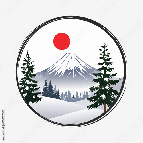 円形フレームと冬の風景の墨絵風白黒ベクター素材
