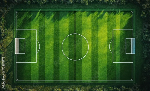 Wallpaper Mural Aerial view of a well-maintained soccer field with clearly marked white lines and two goals, surrounded by dense green trees under soft natural light Torontodigital.ca