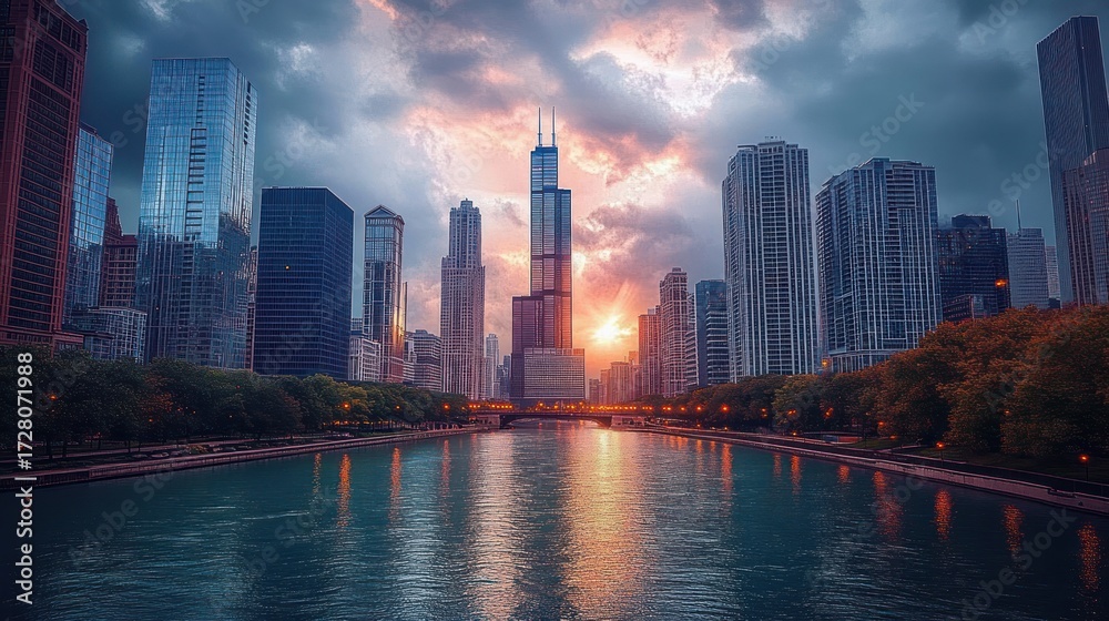Fototapeta premium Sunset over a modern city skyline with tall skyscrapers reflected in a calm river, accompanied by trees and a cloudy sky creating a serene and majestic atmosphere