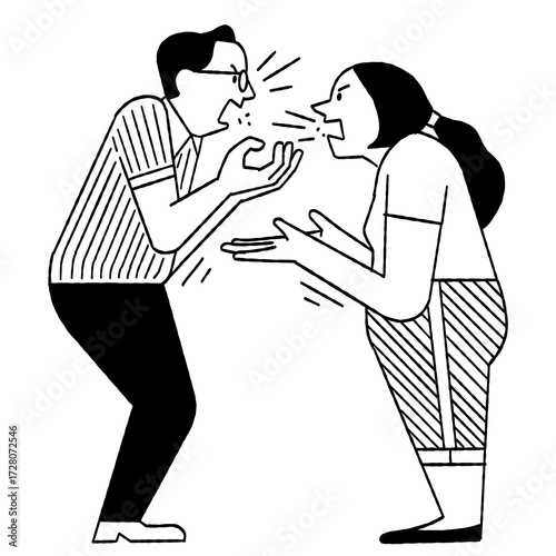 Angry husband and wife arguing, fighting, yelling, to each other, domestic violence concept. Outline, thin line art, hand drawn sketch design, simple design, black and white style. 