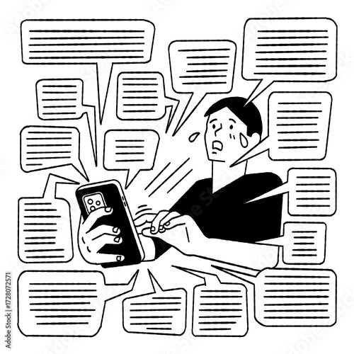 Vector illustration character of frightened boy holding smartphone and feels depressed with many bad or negative comments on social media. Outline, thin line art, hand drawn sketch design, black and w