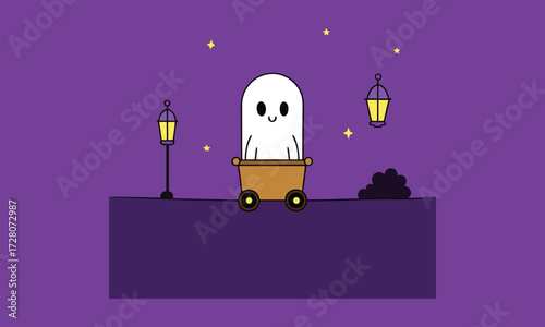 Cute Ghost in Halloween Wagon