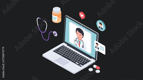 Seamless Telemedicine Vector Illustration: Doctor Consultation and Digital Health with Medication Elements