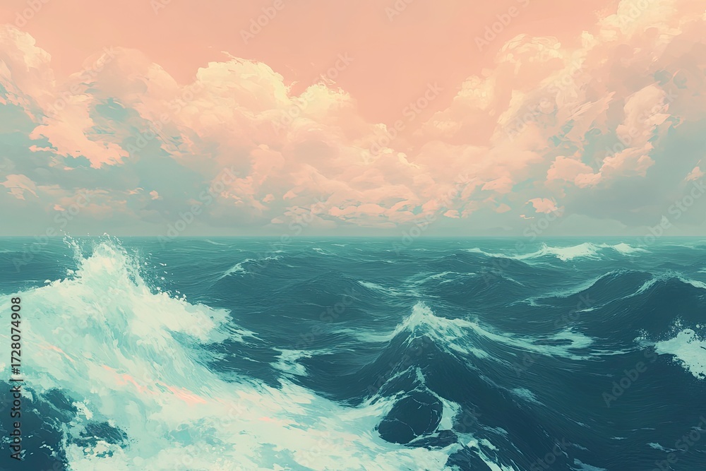 Fototapeta premium Vast ocean waves under a soft, pastel sky