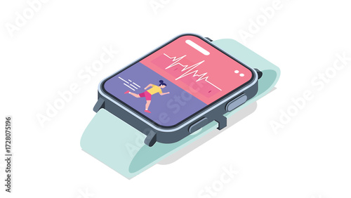 Isometric Smartwatch Vector Illustration Displaying Fitness Tracking and Heart Rate Monitor on a Modern Interface