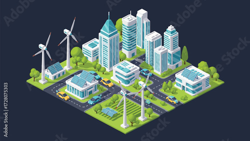 Eco-Friendly Urban Landscape: Isometric Vector Illustration of a Sustainable Smart City with Renewable Energy and Modern Infrastructure