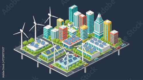 Isometric Smart City vector illustration showcasing sustainable urban planning with solar panels, wind turbines, and eco-friendly infrastructure on a dark background