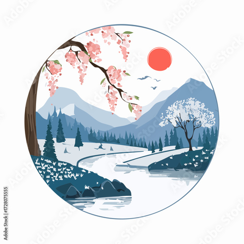 円形フレームと四季の風景の墨絵風ベクター素材