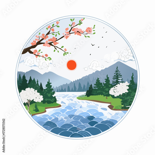 円形フレームと四季の風景の墨絵風ベクター素材