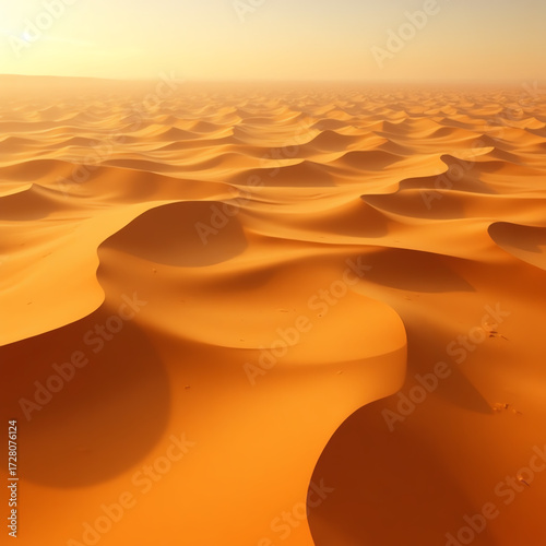Vast desert landscape with rolling sand dunes under a hazy sun, conveying a sense of solitude and natural beauty.