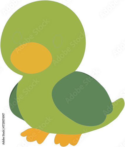 A cute, stylized illustration of a baby duckling with green feathers and an orange beak.
