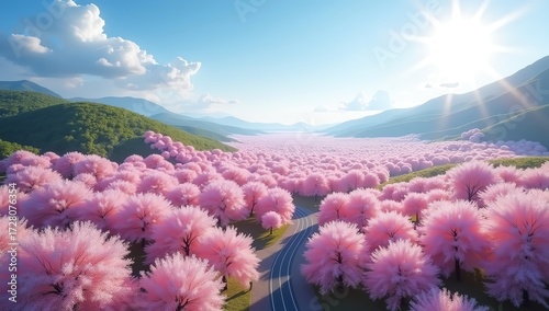 Vibrant pink flowering trees line a winding road through lush green hills under a bright sunny sky with wispy clouds.