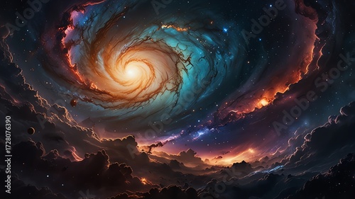 Vivid spiral galaxy with glowing core, swirling nebulae, and distant stars, artistic space creation.