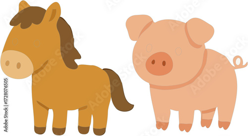 A cute cartoon illustration of a brown horse and a pink pig standing side-by-side on a white background.