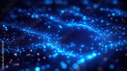 Abstract digital landscape with glowing blue particles forming wave-like patterns creating a futuristic and dynamic atmosphere