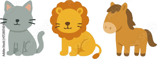 Cartoon illustration of a gray cat, a yellow lion, and a brown horse sitting next to each other.