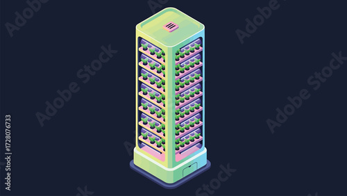 Sleek Isometric Vertical Farm: Modern Hydroponic Urban Agriculture Vector Illustration with Grow Lights