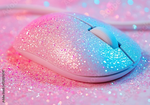 Glittery, ombre-colored computer mouse on a bed of pink and blue sparkles