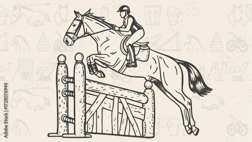 Equestrian sport sketch of a horse and rider expertly jumping over obstacle, showcases dedication, skill, and the bond between athlete and animal
