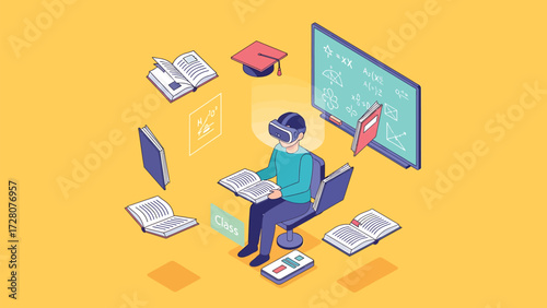 Immersive Virtual Learning Environment: Student with VR Headset Interacting with Digital Books and Blackboard - Education Technology vector Concept