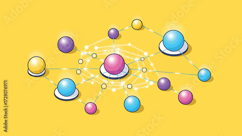 Dynamic Vector Interconnected Network of Glossy Spheres on a Bright Yellow Background, Representing Digital Connections and Data Flow