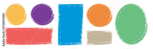 Set of Colorful Paint brush stamp collection. Vector brush rectangle, circle. Grunge shape. Badge, Label. Dirty Artistic Design Elements Vector.