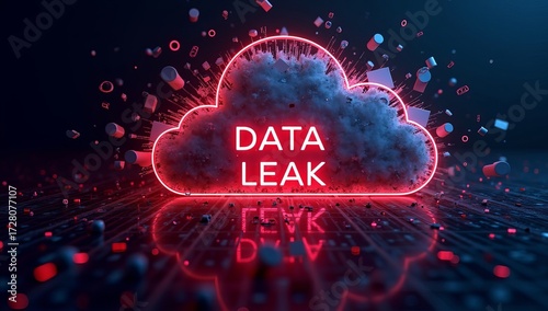 A striking digital illustration of a cloud symbolically representing a data leak, illuminated in red against a dark background.