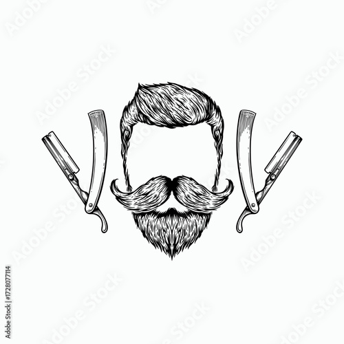 Stylized vintage barber illustration featuring a distinguished man's beard, mustache, hairstyle, and two straight razors symbolizing classic grooming and style.