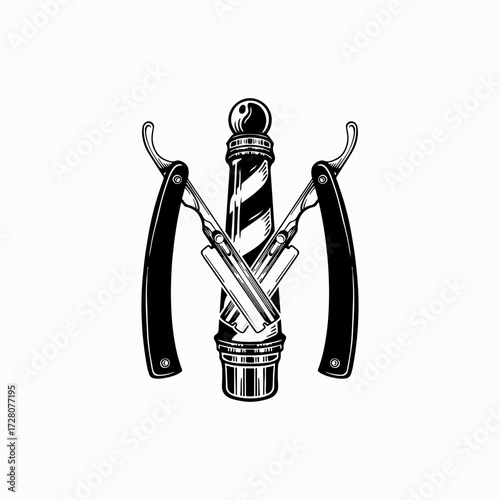 Classic barber pole and straight razors crossed, evoking vintage grooming and professional styling for a timeless barbershop aesthetic.