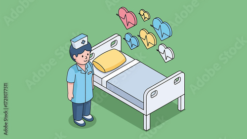 Caring Nurse with Hospital Bed and ECG Heart Symbols - Isometric Vector Illustration of Medical Care