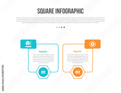 square base shape infographics template diagram with round box with circle bottom position opposite direction with 2 point step creative simple flat outline