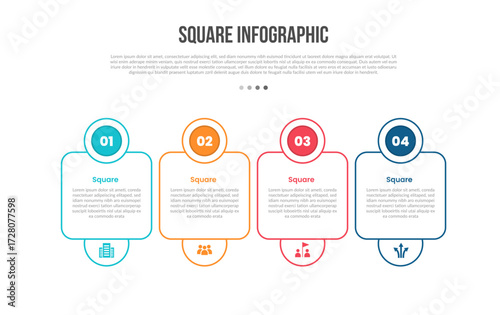 square base shape infographics template diagram with round box with circle on top and bottom with 4 point step creative simple flat outline