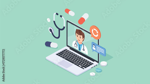 Telemedicine Doctor Consultation Vector Illustration on Laptop Screen with Isometric Medical Elements