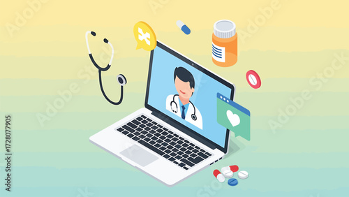 Modern Telemedicine Doctor Consultation Isometric Vector Illustration: Virtual Healthcare with Digital Medical Supplies