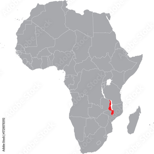 Malawi on Africa Map Grey High Detailed