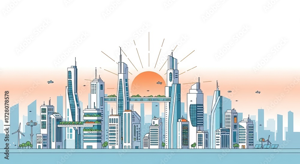 Obraz premium Futuristic eco city skyline with sustainable architecture, solar panels, wind turbines and flying vehicles at sunrise