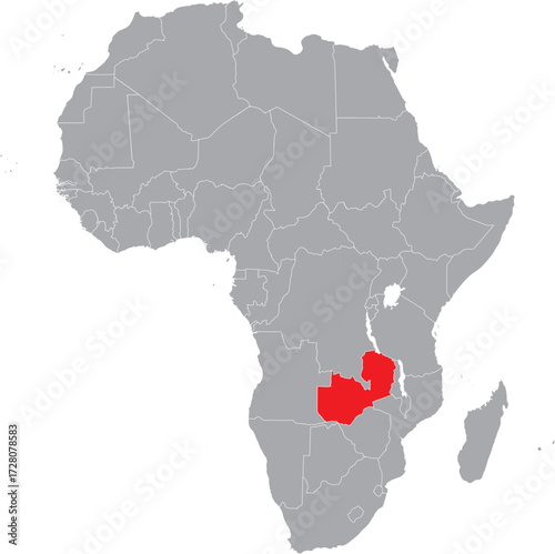 Zambia on Africa Map Grey High Detailed