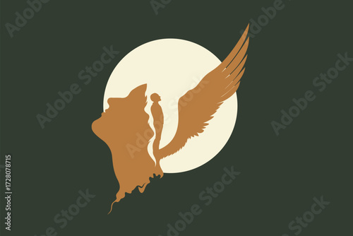 Child and Guardian Angel in Head Silhouette – Mind, Safety and Parenthood Concept Illustration