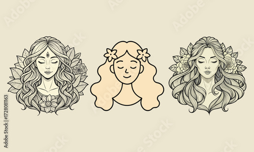 Line Art Woman with Floral Elements