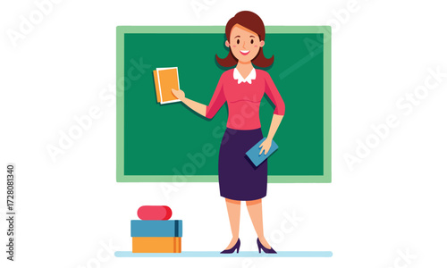 Female Teacher Standing with Books and Blackboard