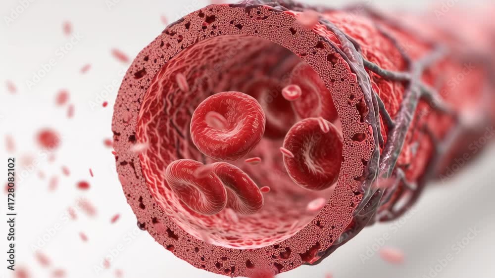 Blood vessel artery cross section showing red blood cells flowing with ...