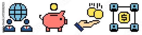 Set pixel finance icon vector for business, accounting, and monetary management. Useful for illustrating a collection of financial tools in a fun, retro, 8-bit aesthetic