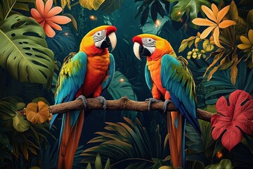 Crédence de cuisine  Two colorful parrots perched on a branch surrounded by lush tropical foliage and vibrant flowers in a dense jungle setting with warm ambient lighting  © video