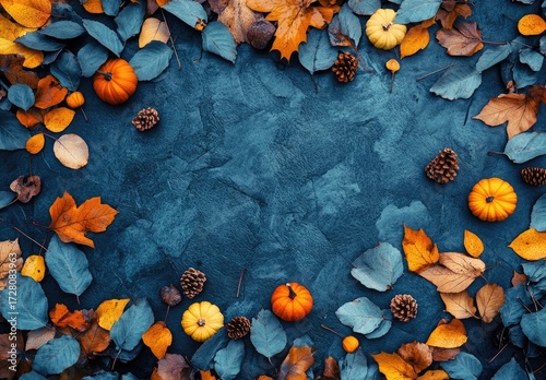 Autumn leaves, pumpkins, & pine cones frame a dark blue background