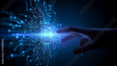Futuristic AI technology concept image featuring a human hand touching a glowing AI chip integrated with digital circuits. Perfect for technology, innovation, and artificial intelligence themes.