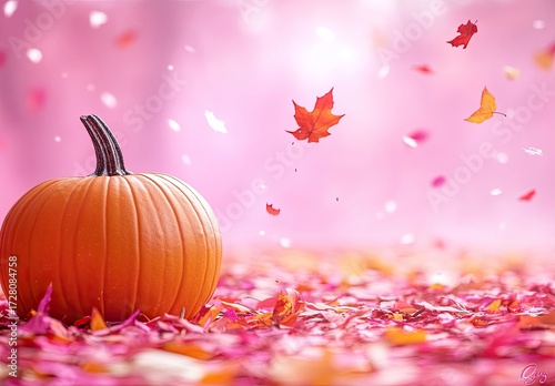 Orange pumpkin amidst pink fall leaves