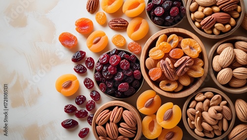 Wooden bowls with dried fruits and nuts
