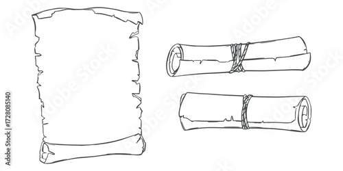Set of Vector sketch of old paper sheet and scrolls rolled into a roll. Ancient manuscript. Empty template for text in antique style. Imitation of engraving technique. Linear drawing with ink.