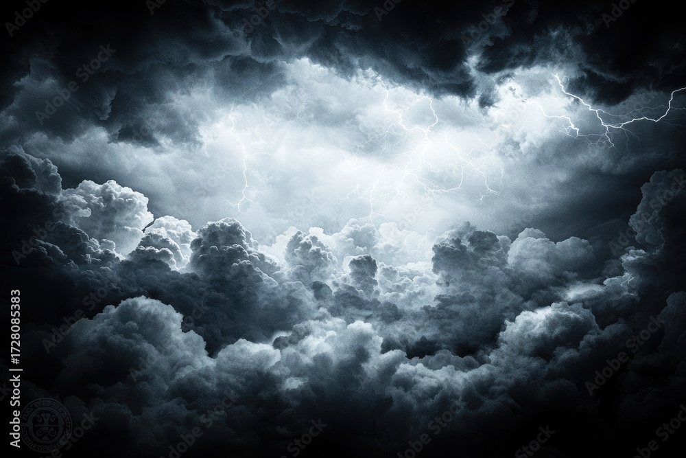 Obraz premium dark stormy clouds with bright lightning against black background and dramatic fantasy-inspired effect for weather, nature and artistic design projects